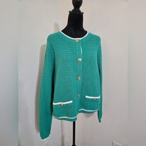 🆕️ Nicole Miller Green and White Knit Cardigan Sweater Size 1X